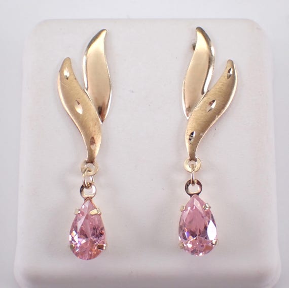 14K Yellow Gold Dangle Earrings - Unique Teardrop Pink Gemstone Drop - Vintage Fine Jewelry Bridal Gift