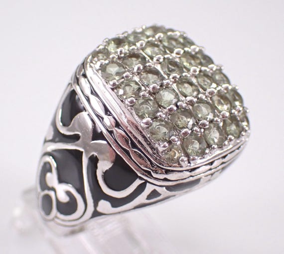 Sterling Silver Peridot and Enamel Ring: Unique Dome Cluster Band