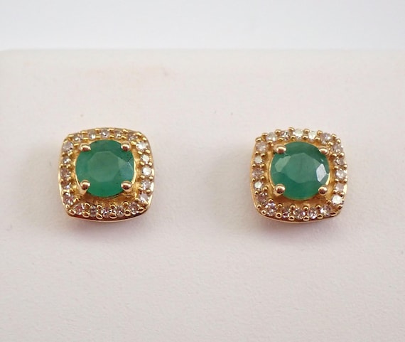 Emerald and Diamond Stud Earrings, Solid Yellow Gold Square Halo Setting, Dainty Gemstone Jewelry Gift