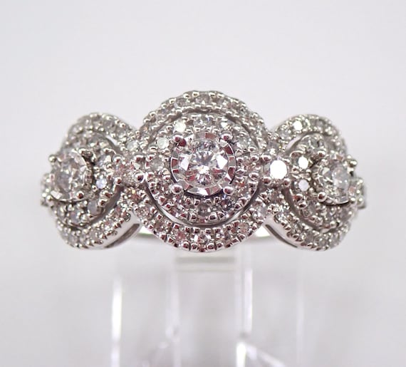 White Gold Diamond Engagement Ring, Three Stone Double Halo Ring, Past Present Future Bridal Jewelry