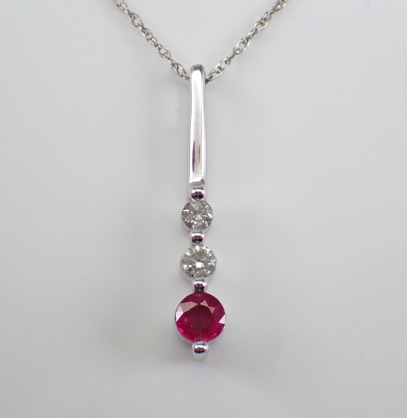 Dainty Three Stone Ruby and Diamond Necklace - Thin White Gold Chain and Pendant Drop - Past Present Future Jewelry Gift