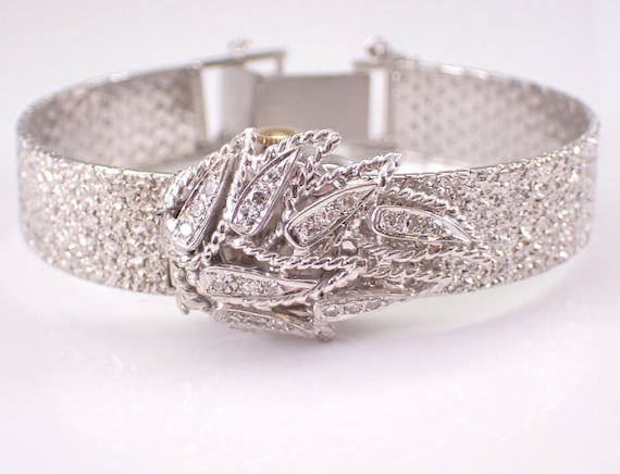 Antique Diamond Flip Watch Bracelet - Vintage 14K White Gold CORTINA Wristwatch
