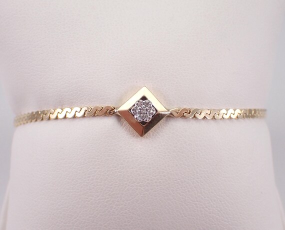 Vintage 14K Yellow Gold Diamond Bracelet - Station Cluster Centerpiece - Serpentine Chain Link