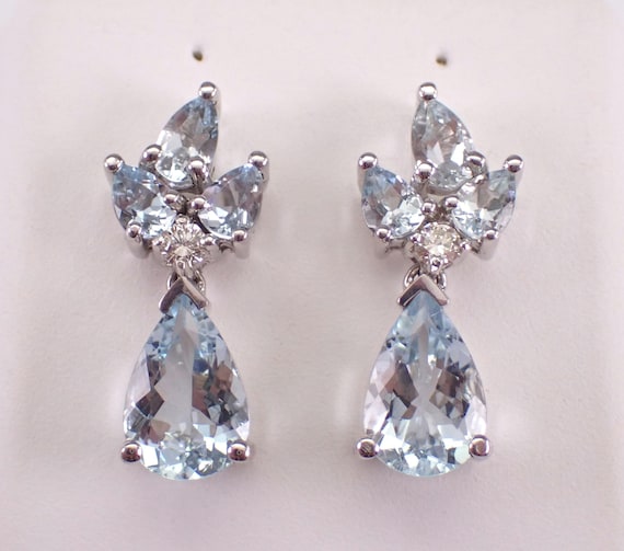 14K White Gold Aquamarine Earrings - Diamond Teardrop Dangle Drops - March Aqua Gemstone Fine Jewelry Gift