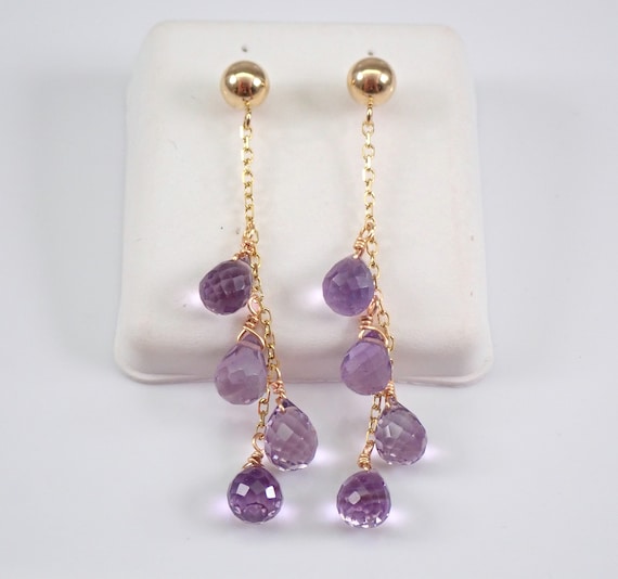 14K Yellow Gold Amethyst Briolette Earrings, February Birthstone Jewelry Gift, Sparkly Purple Dangle Earrings for Women