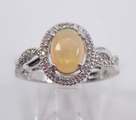 Opal And Diamond Right Hand Ring - White Gold Halo Engagement Setting - October Birthstone Fine Jewelry Gift