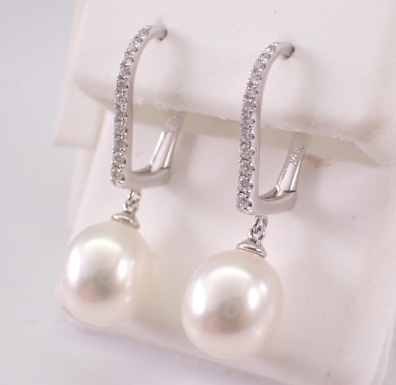14K White Gold Pearl and Diamond Earrings: Unique European Clasp Dangle Hoop Drops