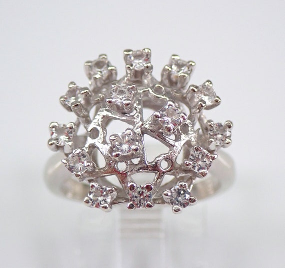 Antique White Sapphire Cluster Ring - Solid 14K Gold Vintage Cocktail Ring - Unique Gemstone Jewelry for Her