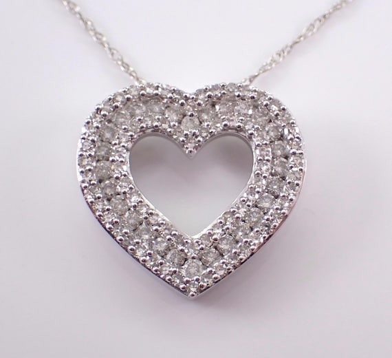 Diamond Heart Pendant and Chain - 14K White Gold Floating Cluster Charm Necklace - Bridal Wedding Fine Jewelry Gift