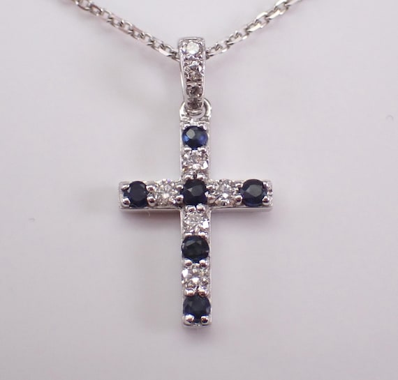 White Gold Sapphire Cross Pendant and Chain - Dainty Diamond Charm Necklace - Religious Fine Jewelry Gift