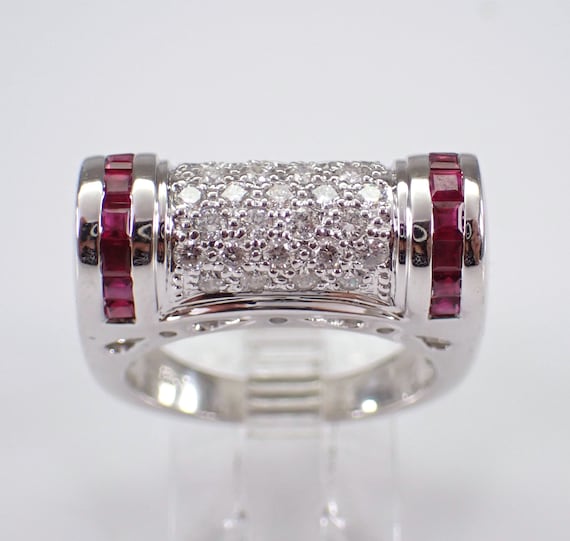 18K White Gold Ruby and Diamond Ring - Unique Stackable Wedding Anniversary Band - Bridal Fine Jewelry Gift