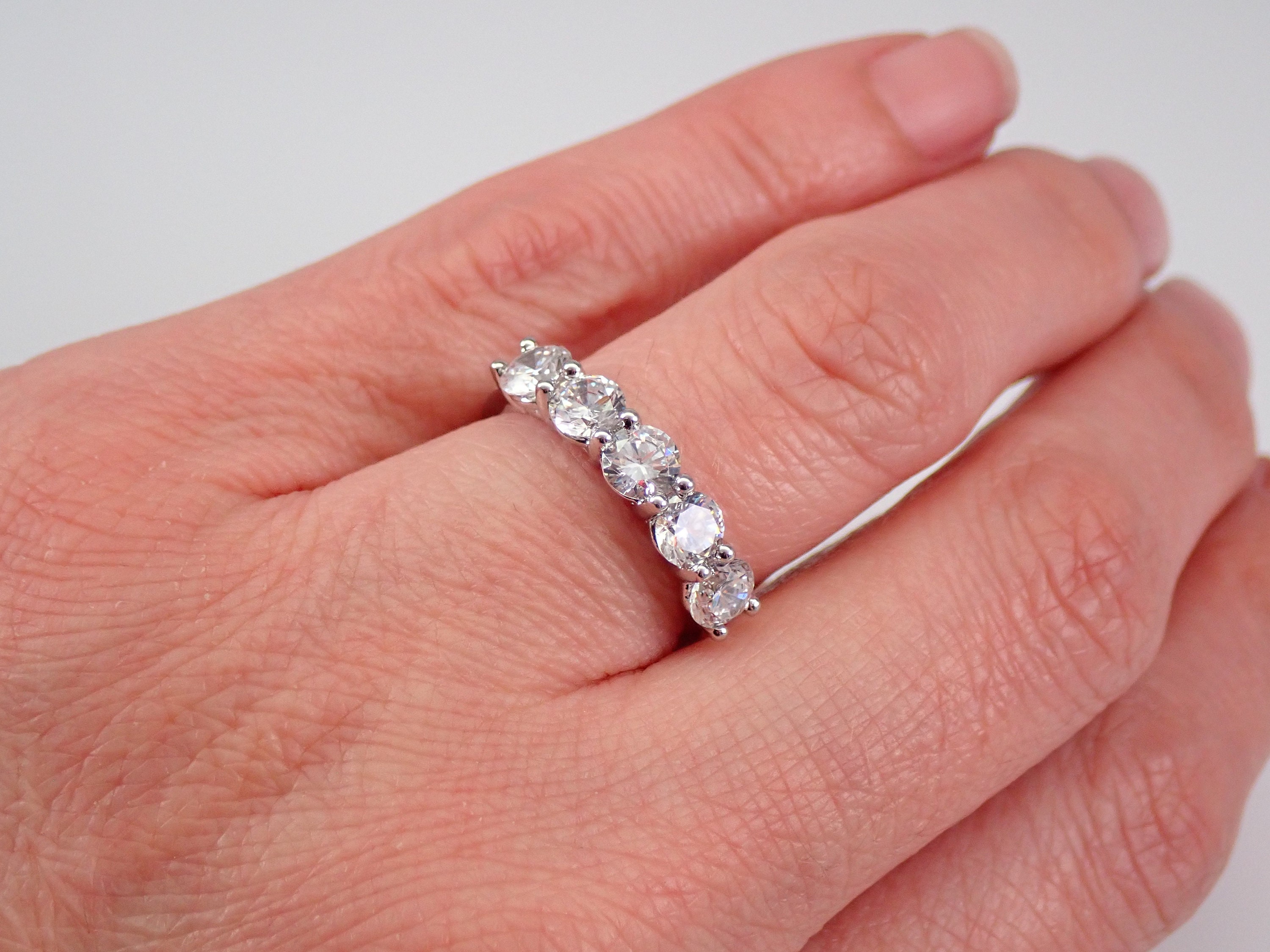 Moissanite Wedding Ring Anniversary Band in 14K White Gold, 5 Stone