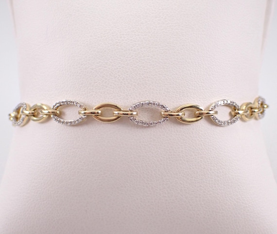 Solid Yellow Gold Diamond Bracelet, Layering Everyday Oval Interlocking Link, GalaxyGems Fine Jewelry Gift