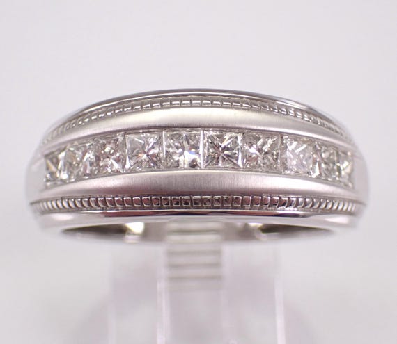 Mens White Gold Diamond Wedding Ring: Large Princess Cut Bridal Anniversary Band