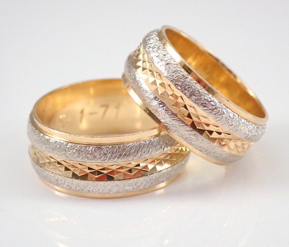 Vintage 14K Yellow Gold Wedding Ring Set - HIS and HER Bridal Anniversary Band - Two Tone Sparkly Jewelry Gift