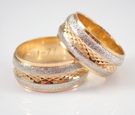 Vintage Couples Wedding Ring Set || HIS and HER 14K Gold Bridal Bands || Two Tone Sparkly Anniversary Present