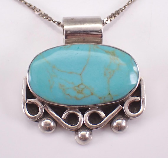 Vintage Sterling Silver Turquoise Necklace -  Large Charm Slide Pendant and Chain