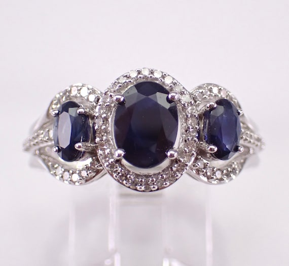 Sapphire and Diamond Engagement Ring, White Gold Gemstone Anniversary Band, Three Stone September Birthstone Jewelry Gift