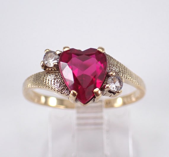 Vintage Heart Ruby Engagement Ring - Yellow Gold Estate White Topaz Band - Dainty Little Bridal Promise Jewelry Gift