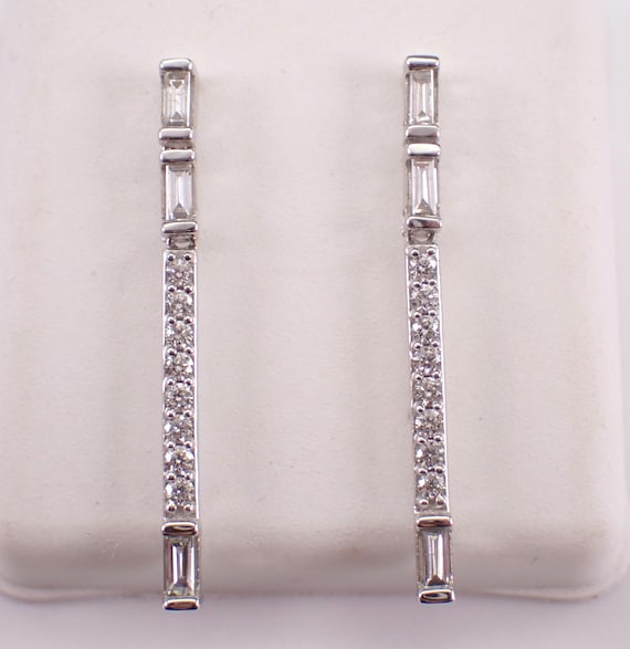 14K White Gold Baguette Diamond Earrings - Tennis Bar Dangle Studs - GalaxyGems Fine Jewelry Wedding Gift