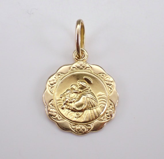 Vintage 18K Yellow Gold Saint Anthony Miraculous Medal Charm - Religious Disk Pendant for Necklace or Bracelet