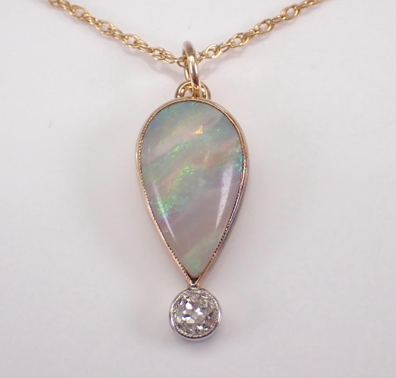Antique 14K Yellow Gold Opal Necklace - Teardrop Diamond Charm Pendant and Chain -  October Birthstone Vintage Jewelry Gift
