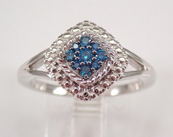 Fancy Blue Diamond Cluster Ring - Colored Diamond Beaded Halo Setting - White Gold Wedding Promise Ring