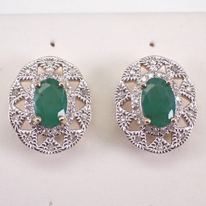 Yellow Gold Emerald Stud Earrings - Diamond Halo Snowflake Studs - May Birthstone Fine Jewelry Gift