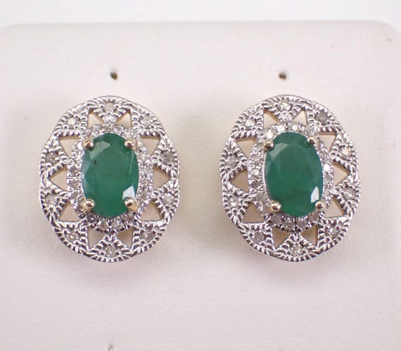 Yellow Gold Emerald Stud Earrings - Diamond Halo Snowflake Studs - May Birthstone Fine Jewelry Gift