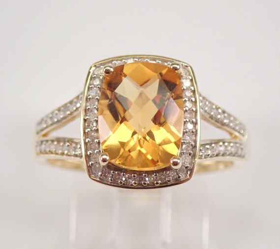 Cushion Cut Citrine and Diamond Halo Engagement Ring Yellow Gold Size 7.25 November Birthstone FREE Sizing