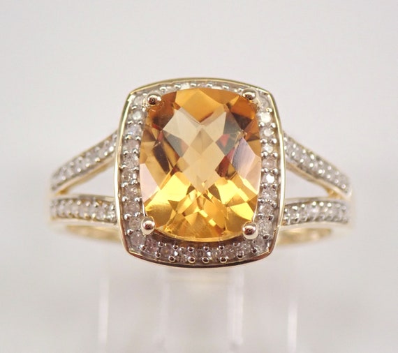Yellow Gold Citrine and Diamond Ring - Cushion Cut Halo Engagement Setting - November Birthstone Fine Jewelry Gift