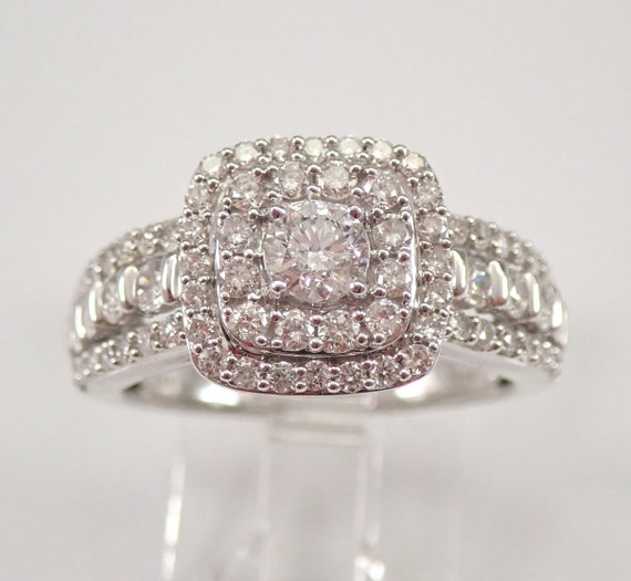 14K White Gold Diamond Engagement Ring - Double Halo Cushion Shape Promise Band - Bridal Fine Jewelry Gift