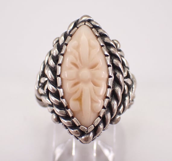 Vintage Sterling Silver Coral Ring, Unique Braided Carved Gemstone Setting - Unique Jewelry Gift