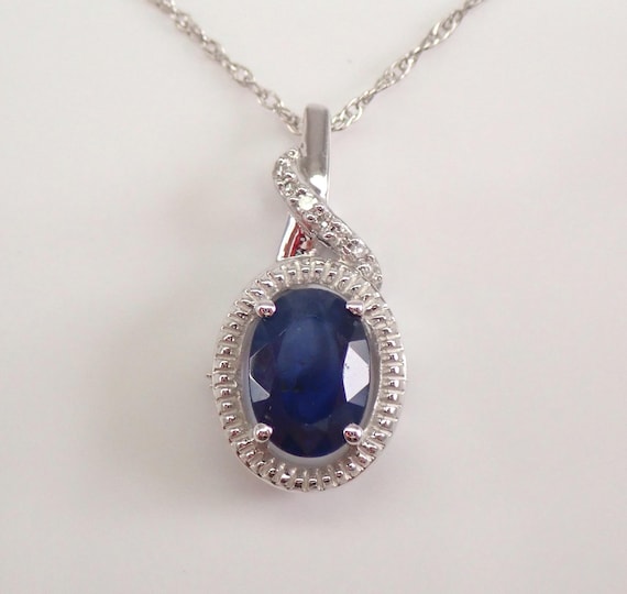 Genuine Sapphire and Diamond Necklace, Solid White Gold Gemstone Pendant and Chain, September Birthstone Fine Jewelry