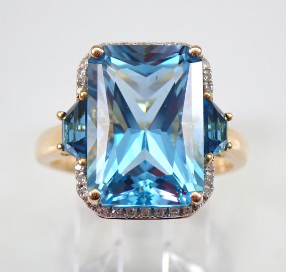 14K Yellow Gold Blue Topaz Ring - Diamond Halo Engagement Setting - Trapezoid Accented 3 Stone Band