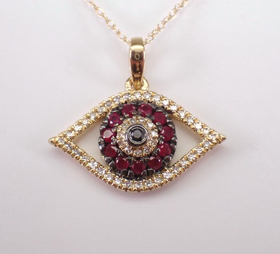 Yellow Gold Ruby Evil Eye Necklace - Diamond Charm Pendant Choker Chain - Protection Good Luck Jewelry Gift
