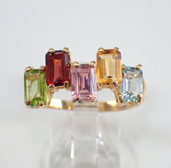 Genuine Multi Color Gemstone Wedding Ring - 14K Yellow Gold Emerald Cut Anniversary Band - Garnet Citrine Peridot Pink and Blue Topaz Gems