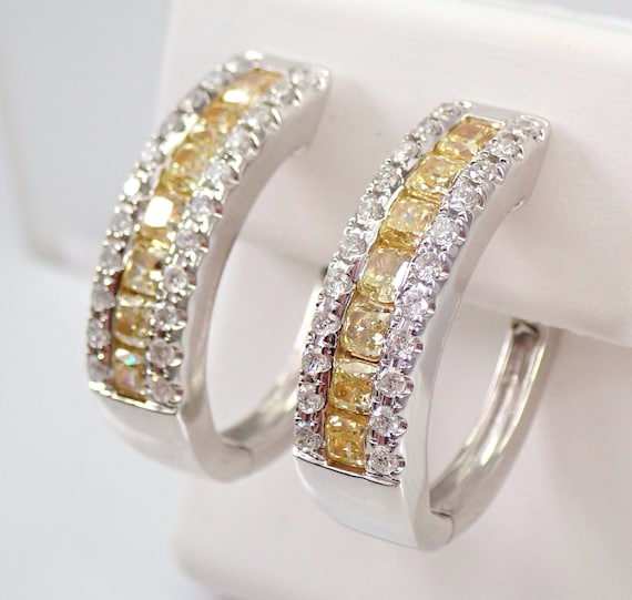 Yellow Canary Diamond Hoop Earrings - 14K White Gold Cushion Cut Hoops - Fancy Diamond Fine Jewelry Gift