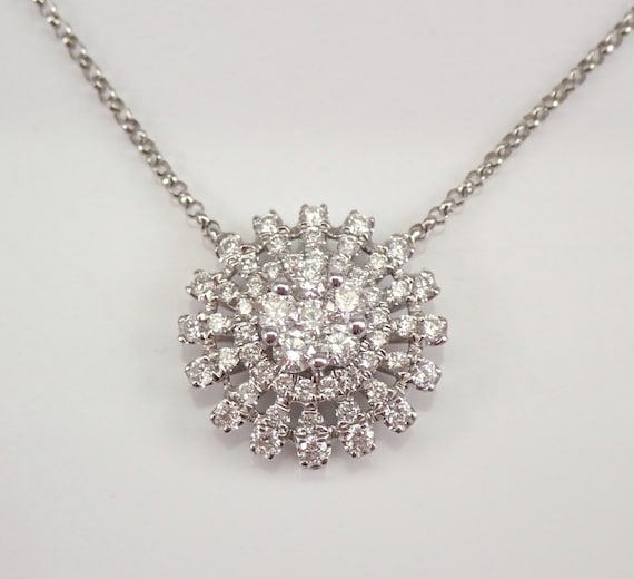 18K White Gold Diamond Station Necklace - Halo Cluster Pendant and Chain - Snowflake Celestial Starburst Design