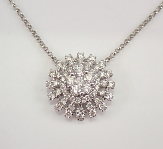 Genuine Diamond Station Necklace - 18KT White Gold Halo Cluster Pendant - Snowflake Celestial Starburst