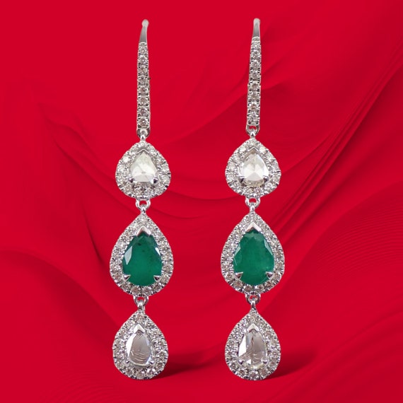 Emerald and Diamond Dangle Earrings - 18k White Gold Fine Jewelry Gift - May Birthstone Gemstone