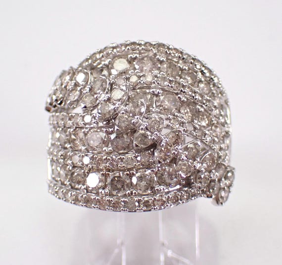 White Gold Diamond Anniversary Band, Large Domed Cigar Wedding Ring, GalaxyGems Fine Jewelry Bridal Gift