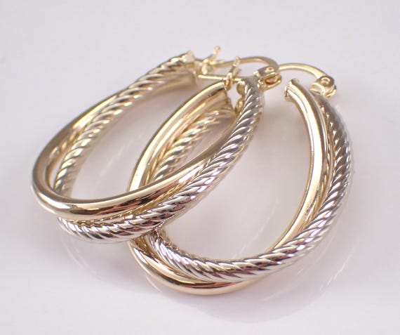 Vintage 14K Yellow and White Gold Hoop Earrings - Estate Braided Two Toned Huggie Hoops