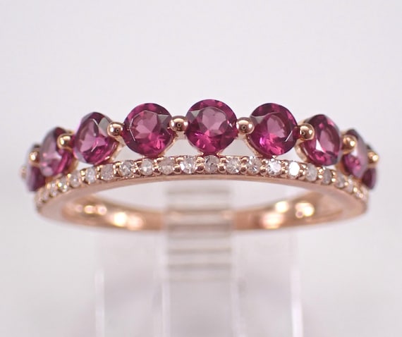Rose Gold Garnet and Diamond Wedding Ring, Stackable Gemstone Anniversary Band