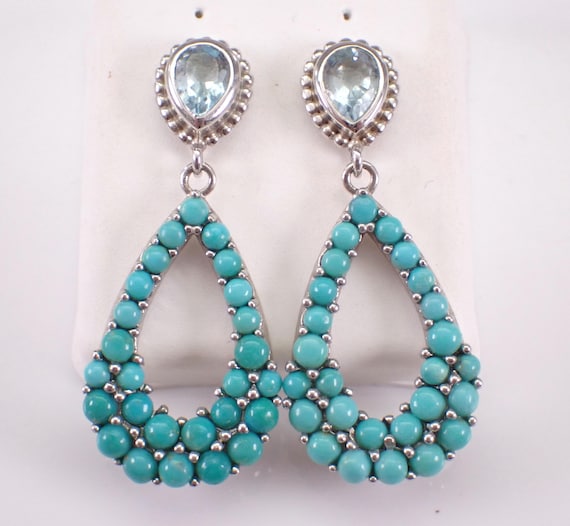 Sterling Silver Turquoise and Aquamarine Earrings, Unique Halo and Teardrop Dangle Charms, Vintage Estate Jewelry Gift