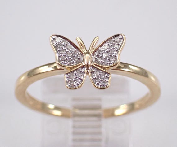 Yellow Gold Diamond Butterfly Ring - Unique Stackable Fine Jewelry Gift - Dainty Cluster Right Hand Band