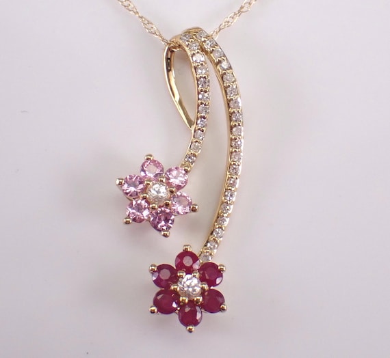 Pink Sapphire and Ruby Pendant and Chain: Dainty Yellow Gold Flower Charm Necklace