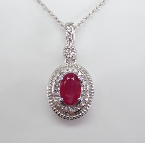 Ruby and Diamond Pendant and Chain, Dainty White Gold Choker Necklace, July Birthstone Fine Jewelry Gift