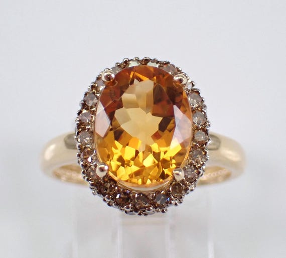 14K Yellow Gold Citrine Ring, Cognac Diamond Halo Engagement Setting, Unique Gemstone Fine Jewelry Gift