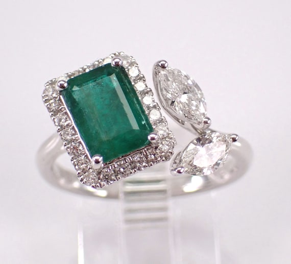 18K White Gold Emerald and Diamond Ring - Unique Bypass Halo Setting - May Gemstone Bridal Jewelry Gift